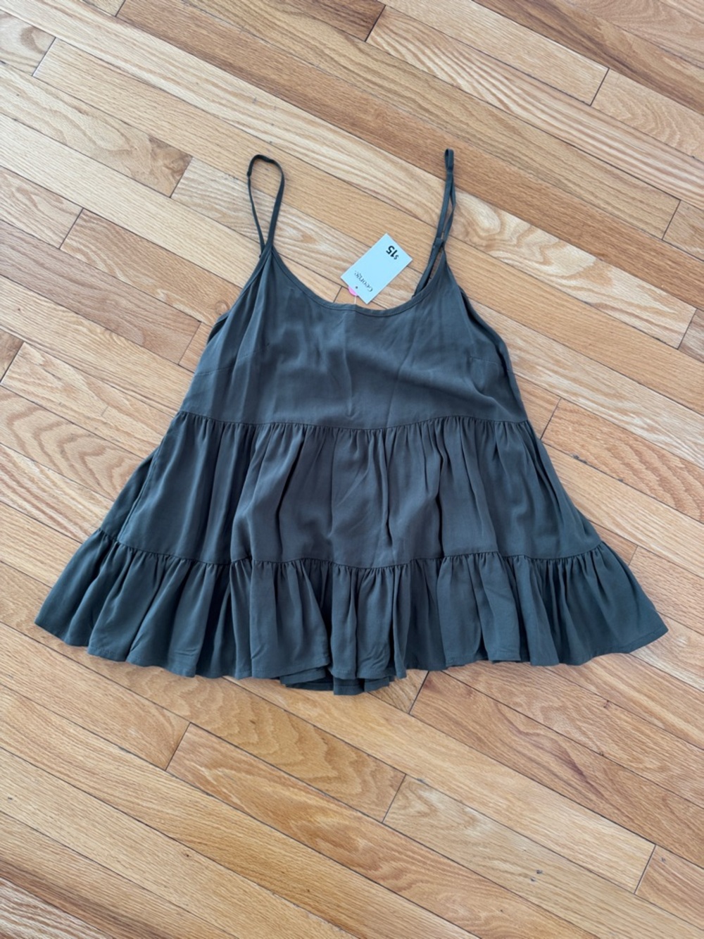 George Flowy Tiered Spaghetti Strap Tank Top - Olive Green - Size Small